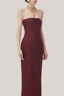 Red Velvet Linh Sa Sheath Sleeveless Satin Maxi Dress for women, from TINH, The Viet Concept 