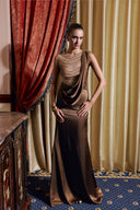THÉSONG • Brown Sheer Draped Column Evening Gown