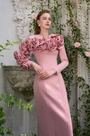 Pastel Pink Column Evening Gown With Draped Rose Sleeves for women, from IHF ATELIER, The Viet Concept