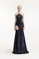 SORAMAME • Midnight Navy Evidence Halter Velvet Maxi Dress