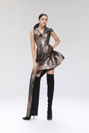 Tundra Copper Brocade Asymmetrical Mini Dress for women, from SORAMAME, The Viet Concept