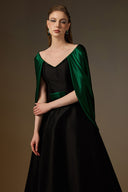 IHF ATELIER • Black Taffeta & Green Satin Silk Draped A-Line Gown