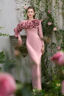 Pastel Pink Column Evening Gown With Draped Rose Sleeves for women, from IHF ATELIER, The Viet Concept