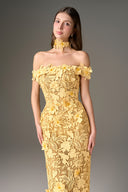 Yellow Jardin Beaded Lace Off-Shoulder Column Gown for women, from IHF STUDIO, The Viet Concept 