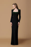 Black Crepe de Chine Column Gown Crystal Trapeze Neck for women, from IHF ATELIER, The Viet Concept