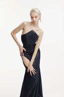 SORAMAME • Midnight Navy Evidence Halter Velvet Maxi Dress