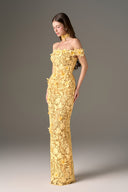 Yellow Jardin Beaded Lace Off-Shoulder Column Gown for women, from IHF STUDIO, The Viet Concept 