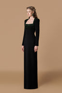 Black Crepe de Chine Column Gown Crystal Trapeze Neck for women, from IHF ATELIER, The Viet Concept