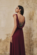 L' SCARLETT • Aurelia Draped-Back 3D Crystal Floral Maxi Dress