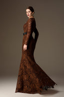 IHF ATELIER • Trapeze Neck Cocoa Brown Lily Lace Mermaid Gown