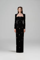 Noir Celestial Trapeze Neck Column Gown With Pink Stones for women, from IHF Atelier, The Viet Concept