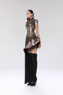 Tundra Copper Brocade Asymmetrical Mini Dress for women, from SORAMAME, The Viet Concept