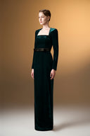 IHF ATELIER • Grain Velvet Trapeze Neck Column Evening Gown