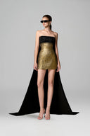 Aurelia Gold Metallic Jacquard Bustier Train Mini Dress for women, from IHF STUDIO, The Viet Concept
