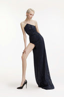 SORAMAME • Midnight Navy Evidence Halter Velvet Maxi Dress