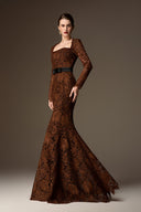 IHF ATELIER • Trapeze Neck Cocoa Brown Lily Lace Mermaid Gown