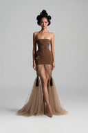HUELLEY ROSE • Bru Crystal-Embellished Taffeta & Mesh Strapless Gown