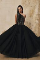 L' SCARLETT • Flared Pointed-Bust Crystal-Embellished Maxi Gown
