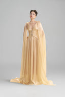 LINH PHUNG • Golden Champagne Lustrous Organza Cape Gown