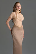 IHF STUDIO • Vine Guipure Lace & Silk Taffeta Bustier Midi Dress with Mini Cape