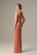 Orange Satin Silk One-Shoulder Twisted Bustier Gown for women, from IHF ATELIER, The Viet Concept