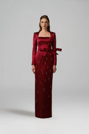 IHF ATELIER • Red Metallic Striped Silk Crystal Column Gown