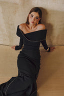 L' SCARLETT • Mobius Crystal-Embellished Off-Shoulder Maxi Dress