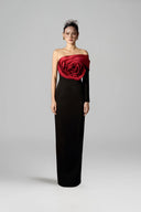 Noir Asymmetric Draped Rose Crepe Evening Gown for women, from IHF ATELIER, The Viet Concept 