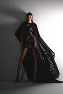 Reverberation Noir Lace Train Cape Mini Dress for women, from SORAMAME, The Viet Concept