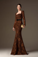 IHF ATELIER • Trapeze Neck Cocoa Brown Lily Lace Mermaid Gown
