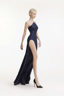SORAMAME • Midnight Navy Evidence Halter Velvet Maxi Dress