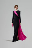 Black Column Evening Gown With Pink Silk Sash & Long Sleeves for women, from IHF ATELIER, The Viet Concept