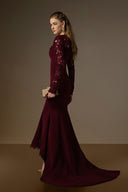 IHF ATELIER • Burgundy Trapeze Neck Mermaid Gown with Floral Lace