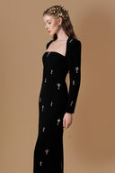 Noir Celestial Trapeze Neck Column Gown With Pink Stones for women, from IHF Atelier, The Viet Concept