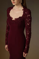 IHF ATELIER • Burgundy Trapeze Neck Mermaid Gown with Floral Lace