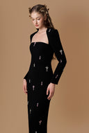 Noir Celestial Trapeze Neck Column Gown With Pink Stones for women, from IHF Atelier, The Viet Concept