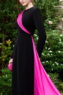 Black Column Evening Gown With Pink Silk Sash & Long Sleeves for women, from IHF ATELIER, The Viet Concept