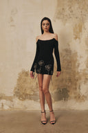 L' SCARLETT • Elowen Crystal Floral Curved-Neck Mini Dress