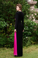 Black Column Evening Gown With Pink Silk Sash & Long Sleeves for women, from IHF ATELIER, The Viet Concept