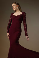IHF ATELIER • Burgundy Trapeze Neck Mermaid Gown with Floral Lace