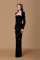 Noir Celestial Trapeze Neck Column Gown With Pink Stones for women, from IHF Atelier, The Viet Concept