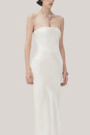 White Linh Sa Sheath Sleeveless Satin Maxi Dress for women, from TINH, The Viet Concept 