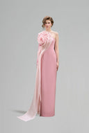  Pastel Pink One-Shoulder Column Evening Gown with Draped Rose for women, from IHF ATELIER, The Viet Concept