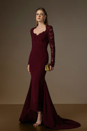 IHF ATELIER • Burgundy Trapeze Neck Mermaid Gown with Floral Lace
