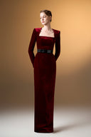 IHF ATELIER • Grain Velvet Trapeze Neck Column Evening Gown