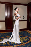 THÉSONG • Ivory Halter Mermaid Gown With Floor Train