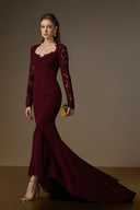 IHF ATELIER • Burgundy Trapeze Neck Mermaid Gown with Floral Lace