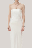 White Linh Sa Sheath Sleeveless Satin Maxi Dress for women, from TINH, The Viet Concept 