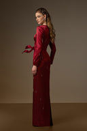 IHF ATELIER • Red Metallic Striped Silk Crystal Column Gown