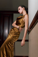 THÉSONG • Bronze Satin Draped Column Evening Gown